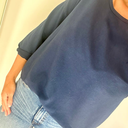 NAVY ROLL SLEEVE SWEAT TOP