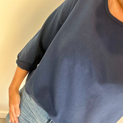 NAVY ROLL SLEEVE SWEAT TOP