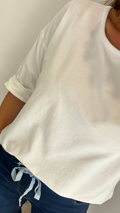 WHITE ROLL SLEEVE SWEAT TOP