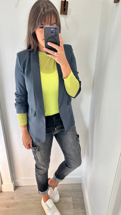 CHARCOAL GREY RUCHED SLEEVE BLAZER