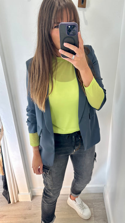 CHARCOAL GREY RUCHED SLEEVE BLAZER
