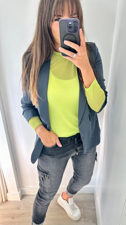 CHARCOAL GREY RUCHED SLEEVE BLAZER