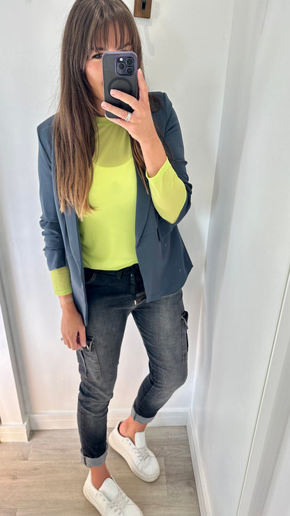CHARCOAL GREY RUCHED SLEEVE BLAZER