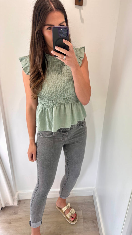 SAGE SHIRRED TOP