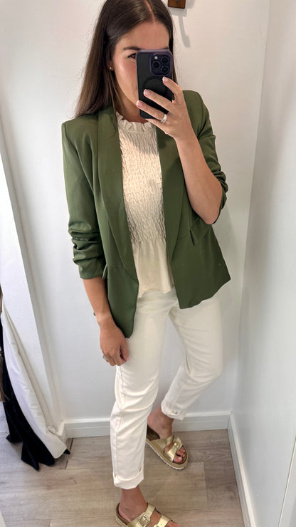 KHAKI RUCHED SLEEVE BLAZER