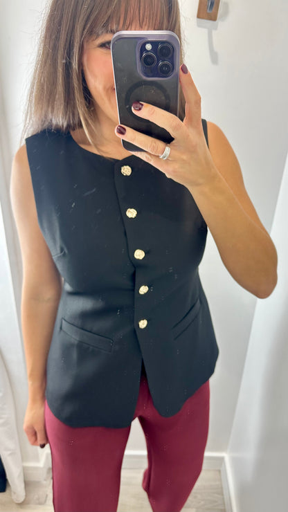 BLACK BUTTON FRONT LONGLINE WAISTCOAT