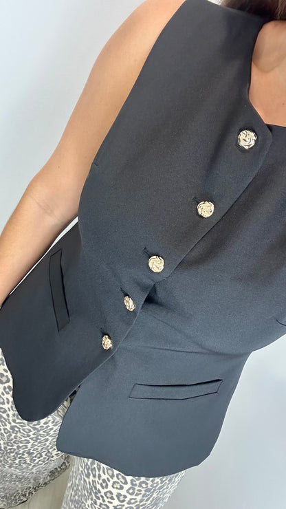 BLACK BUTTON FRONT LONGLINE WAISTCOAT