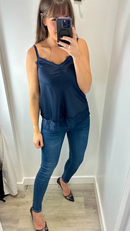 MIDNIGHT BLUE LACE DETAIL SILK CAMI TOP