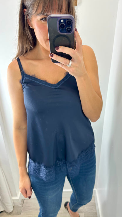 MIDNIGHT BLUE LACE DETAIL SILK CAMI TOP