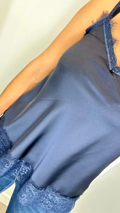 MIDNIGHT BLUE LACE DETAIL SILK CAMI TOP