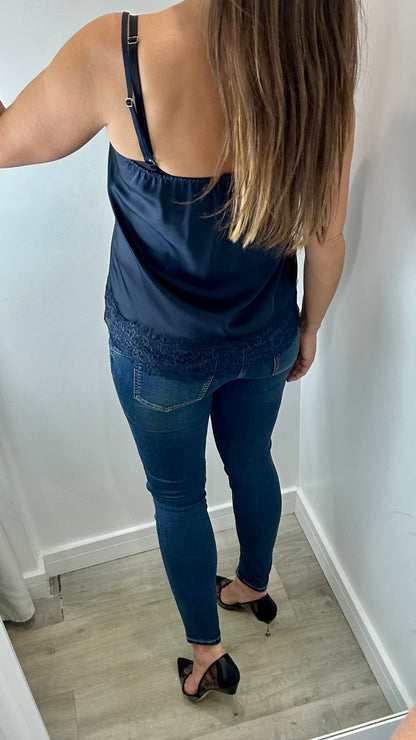 MIDNIGHT BLUE LACE DETAIL SILK CAMI TOP