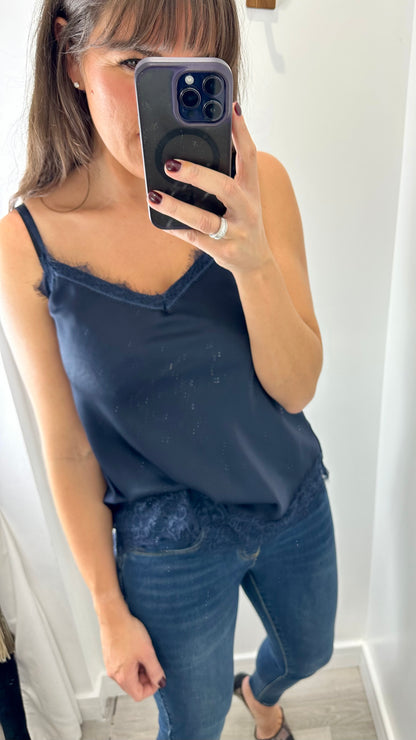 MIDNIGHT BLUE LACE DETAIL SILK CAMI TOP