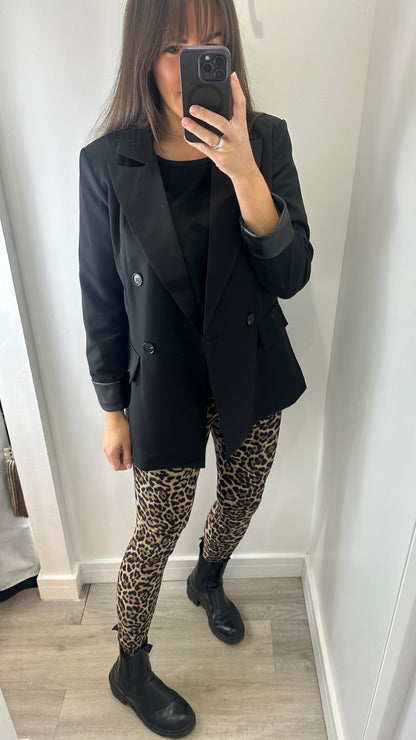 BLACK FAUX LEATHER CUFF BLAZER