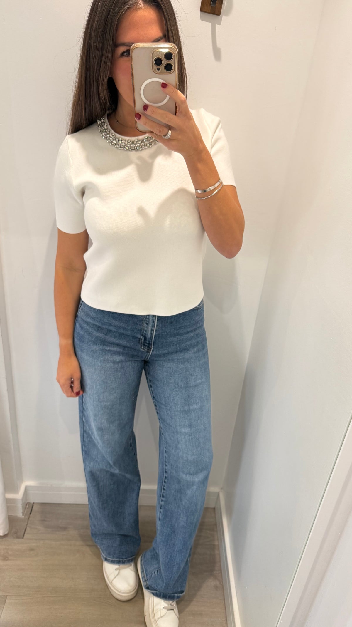 IVORY JEWEL NECK FINE KNIT TOP