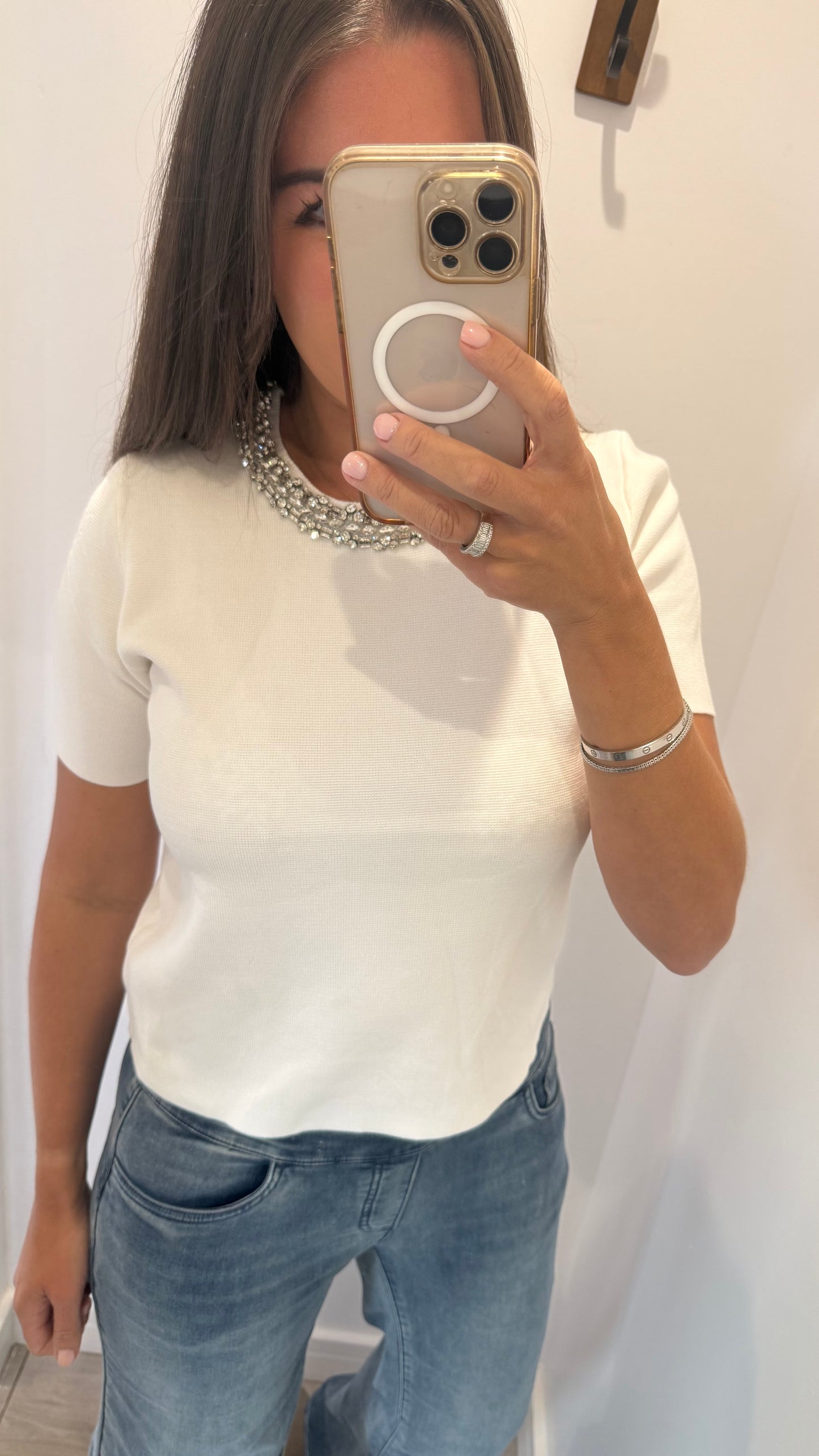 IVORY JEWEL NECK FINE KNIT TOP