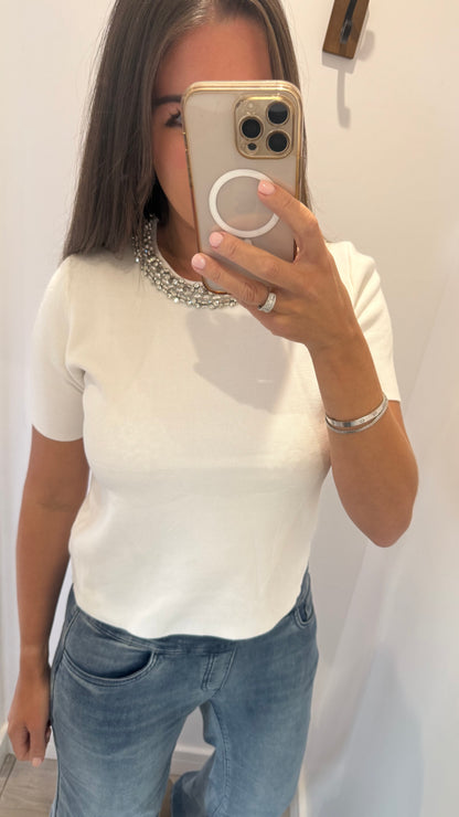 IVORY JEWEL NECK FINE KNIT TOP