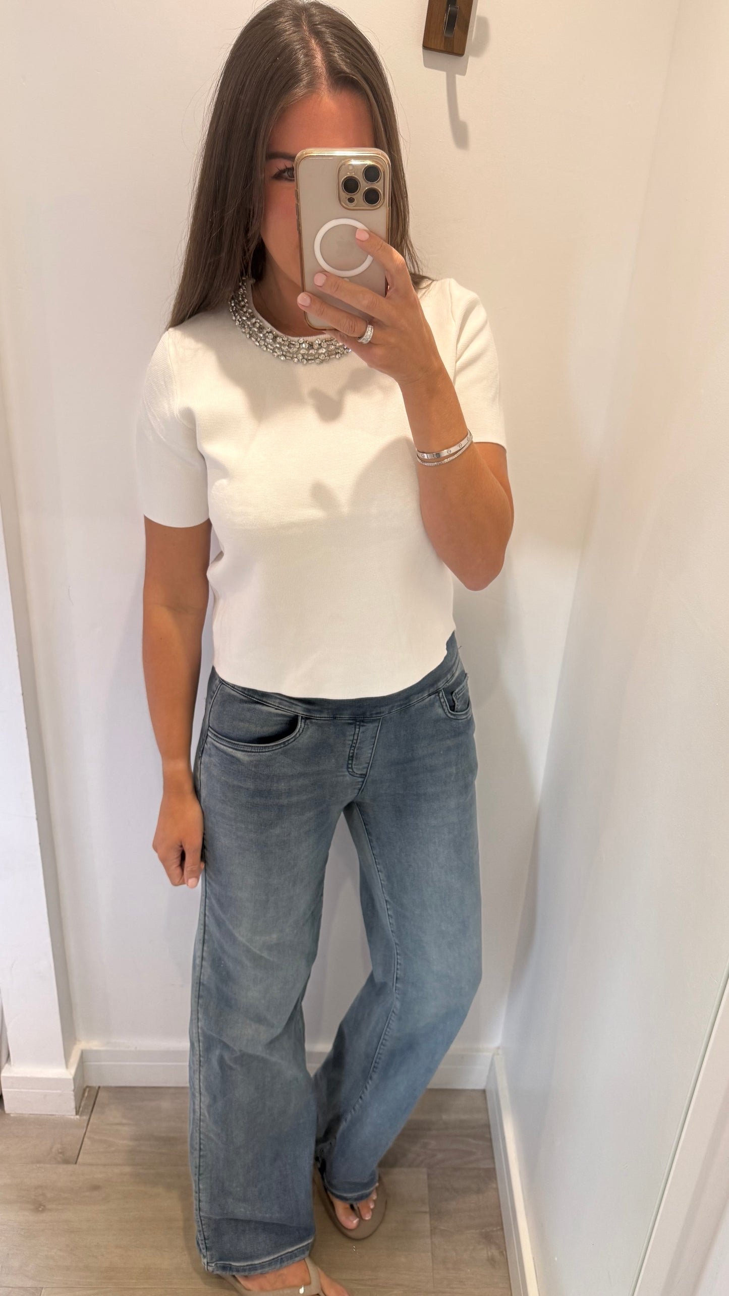 IVORY JEWEL NECK FINE KNIT TOP