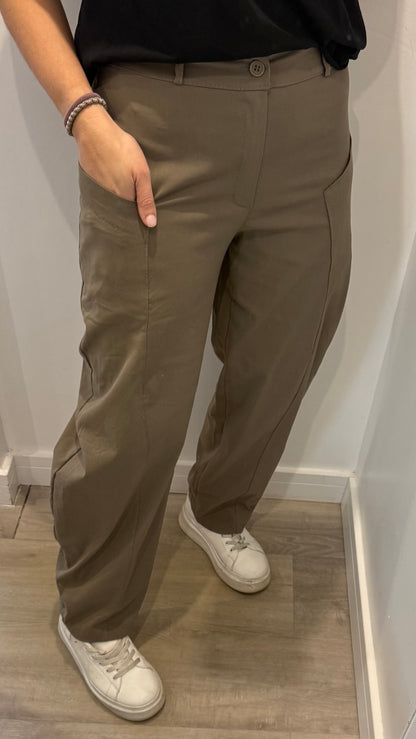 KHAKI BUTTON BARREL TROUSERS WITH EXPOSED POCKETS