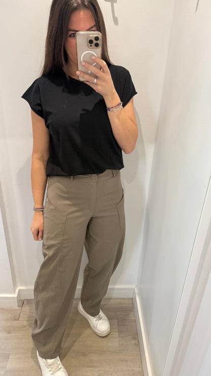 KHAKI BUTTON BARREL TROUSERS WITH EXPOSED POCKETS