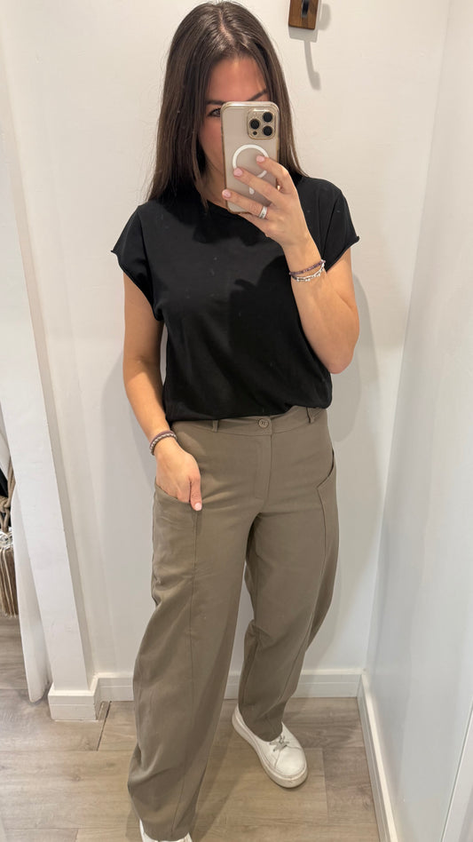 KHAKI BUTTON BARREL TROUSERS WITH EXPOSED POCKETS