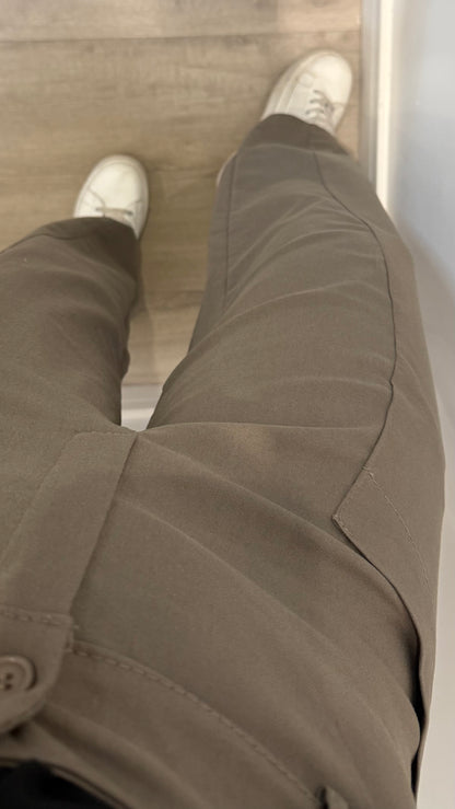 KHAKI BUTTON BARREL TROUSERS WITH EXPOSED POCKETS