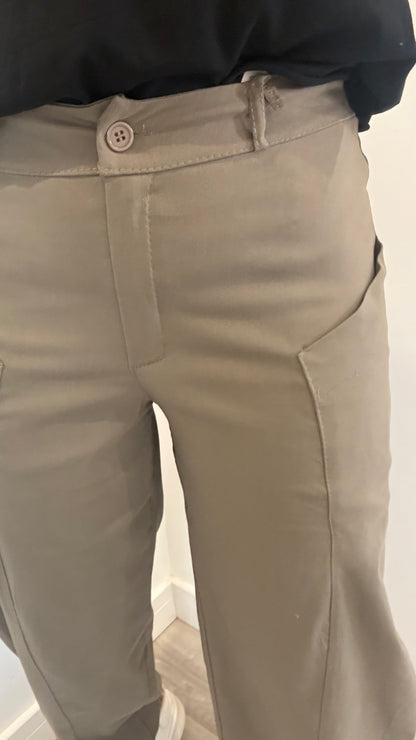KHAKI BUTTON BARREL TROUSERS WITH EXPOSED POCKETS