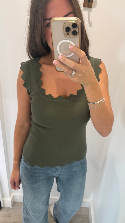 KHAKI SCALLOP VEST TOP