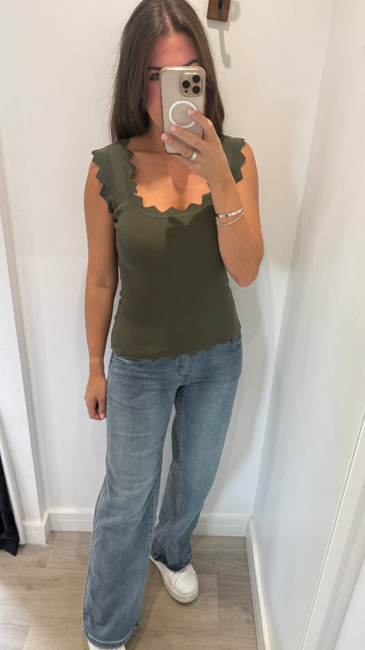 KHAKI SCALLOP VEST TOP