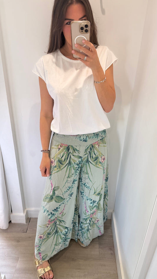 KHAKI BOTANICAL PALAZZO TROUSERS