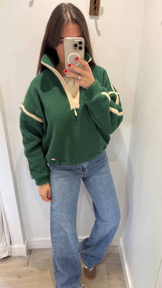 KHAKI HALF ZIP FLEECE WITH NUDE STITCH DETAIL
