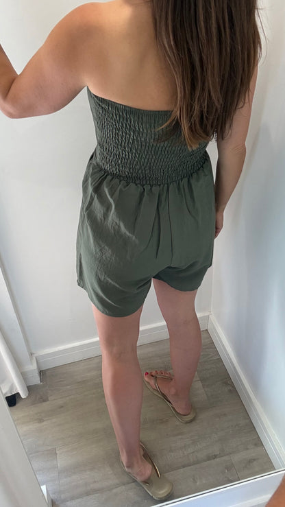 KHAKI MILITARY DETAIL BANDEAU PLAYSUIT