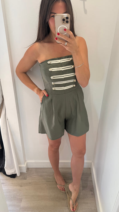 KHAKI MILITARY DETAIL BANDEAU PLAYSUIT