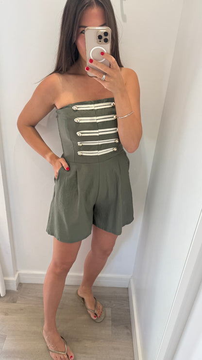 KHAKI MILITARY DETAIL BANDEAU PLAYSUIT