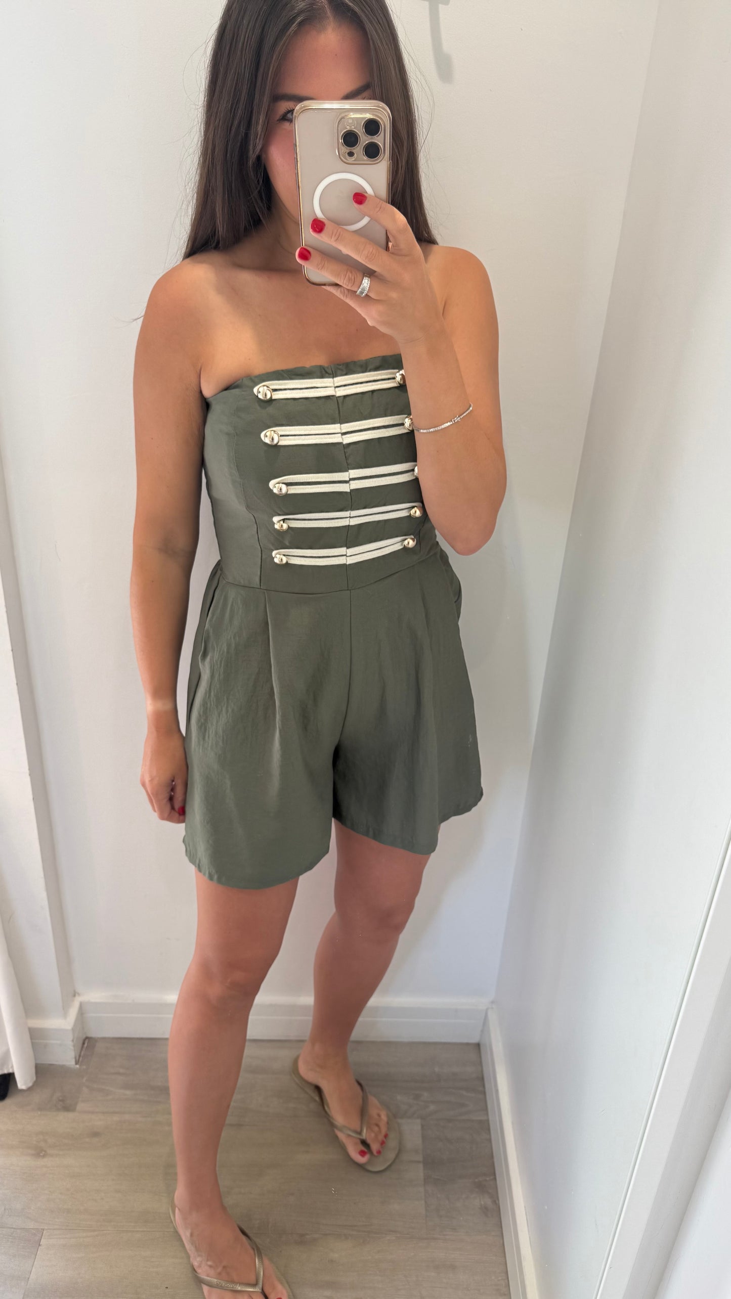KHAKI MILITARY DETAIL BANDEAU PLAYSUIT