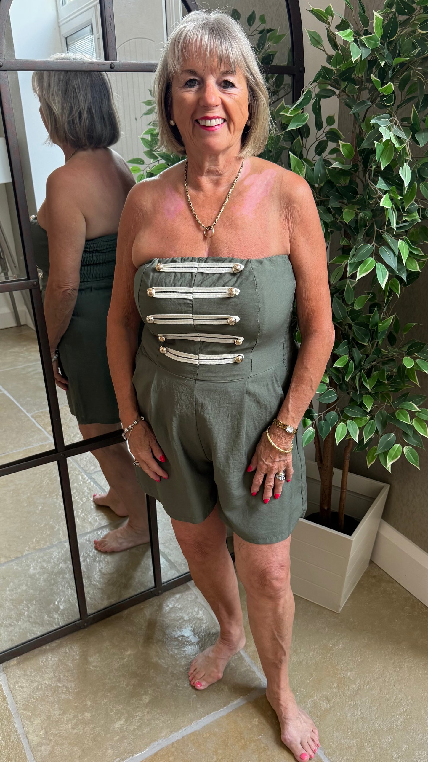 KHAKI MILITARY DETAIL BANDEAU PLAYSUIT