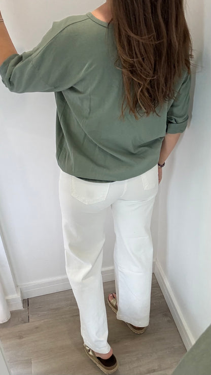 KHAKI ROLL SLEEVE SWEAT TOP