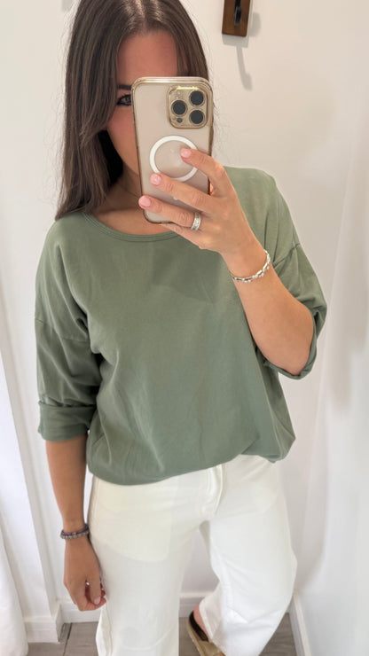 KHAKI ROLL SLEEVE SWEAT TOP