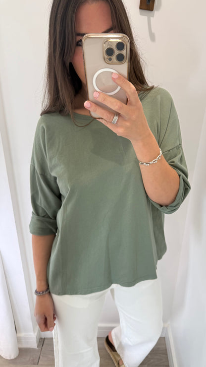 KHAKI ROLL SLEEVE SWEAT TOP