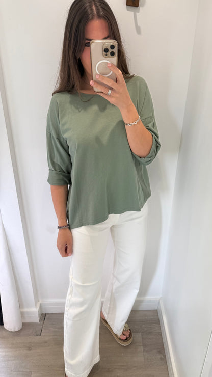 KHAKI ROLL SLEEVE SWEAT TOP