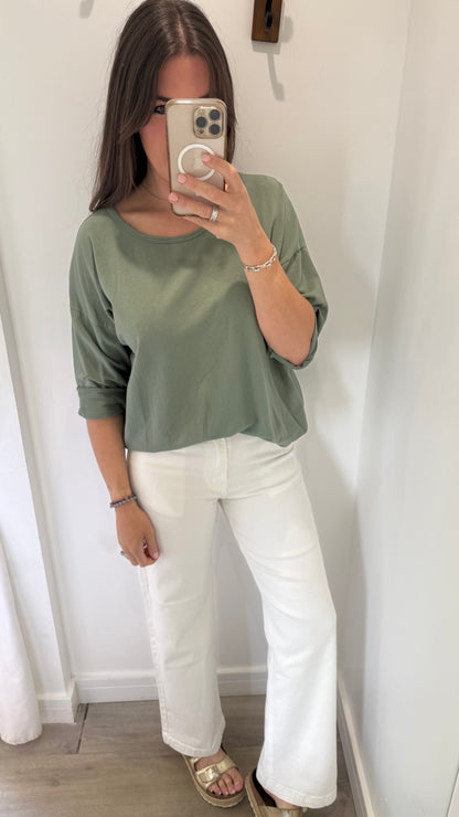 KHAKI ROLL SLEEVE SWEAT TOP