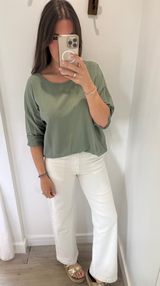 KHAKI ROLL SLEEVE SWEAT TOP