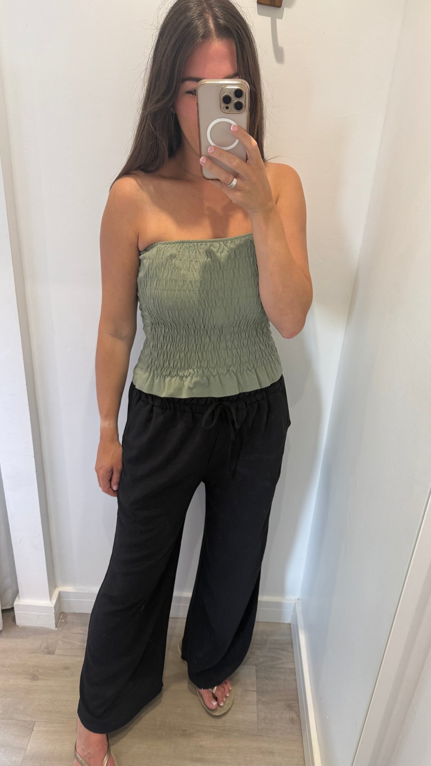 KHAKI SHIRRED BOOB TUBE