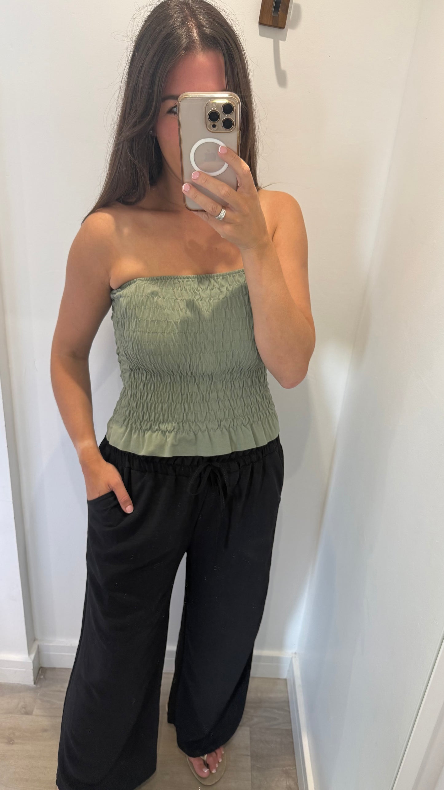 KHAKI SHIRRED BOOB TUBE