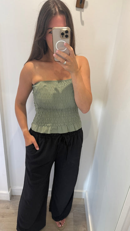 KHAKI SHIRRED BOOB TUBE