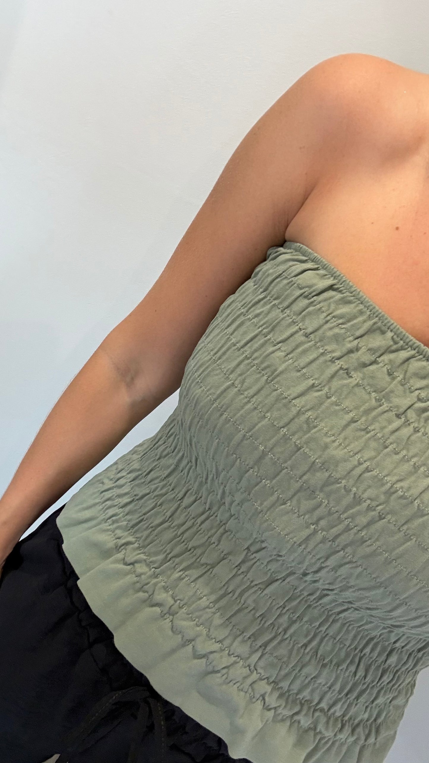 KHAKI SHIRRED BOOB TUBE