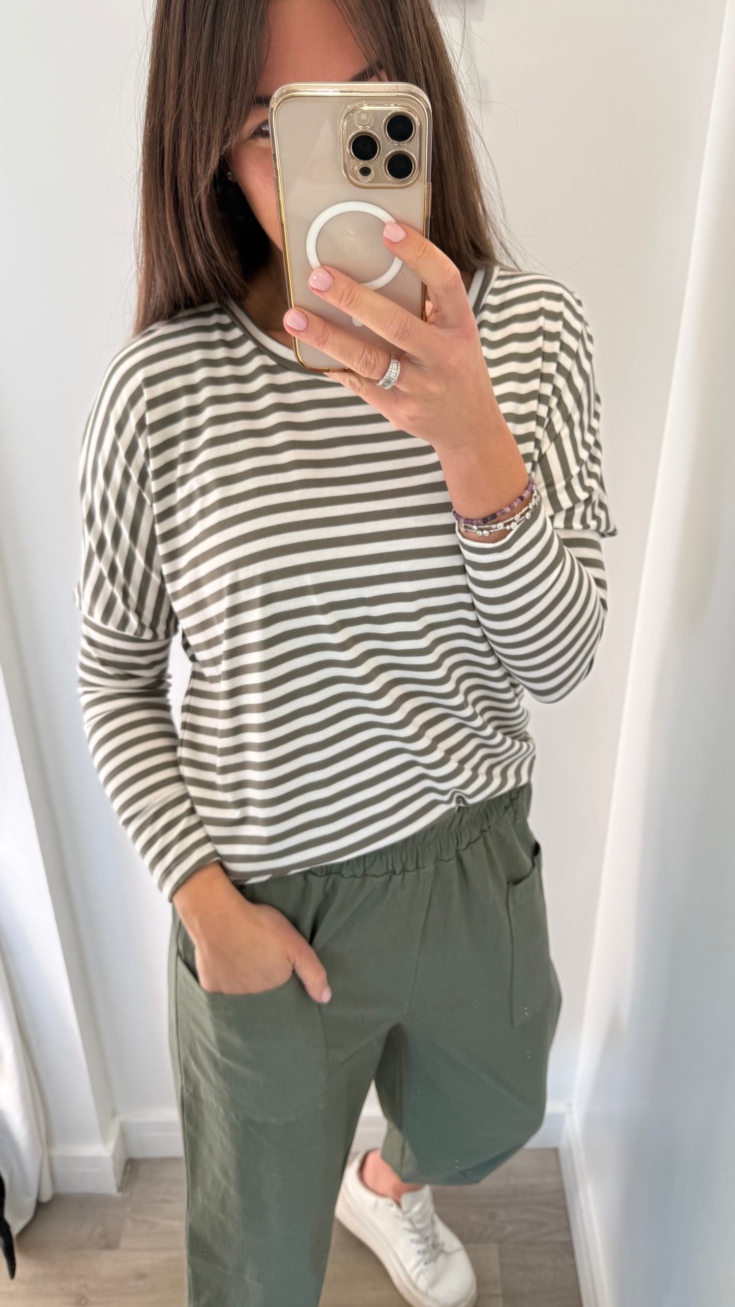 KHAKI & WHITE BRETON STRIPE BATWING TOP