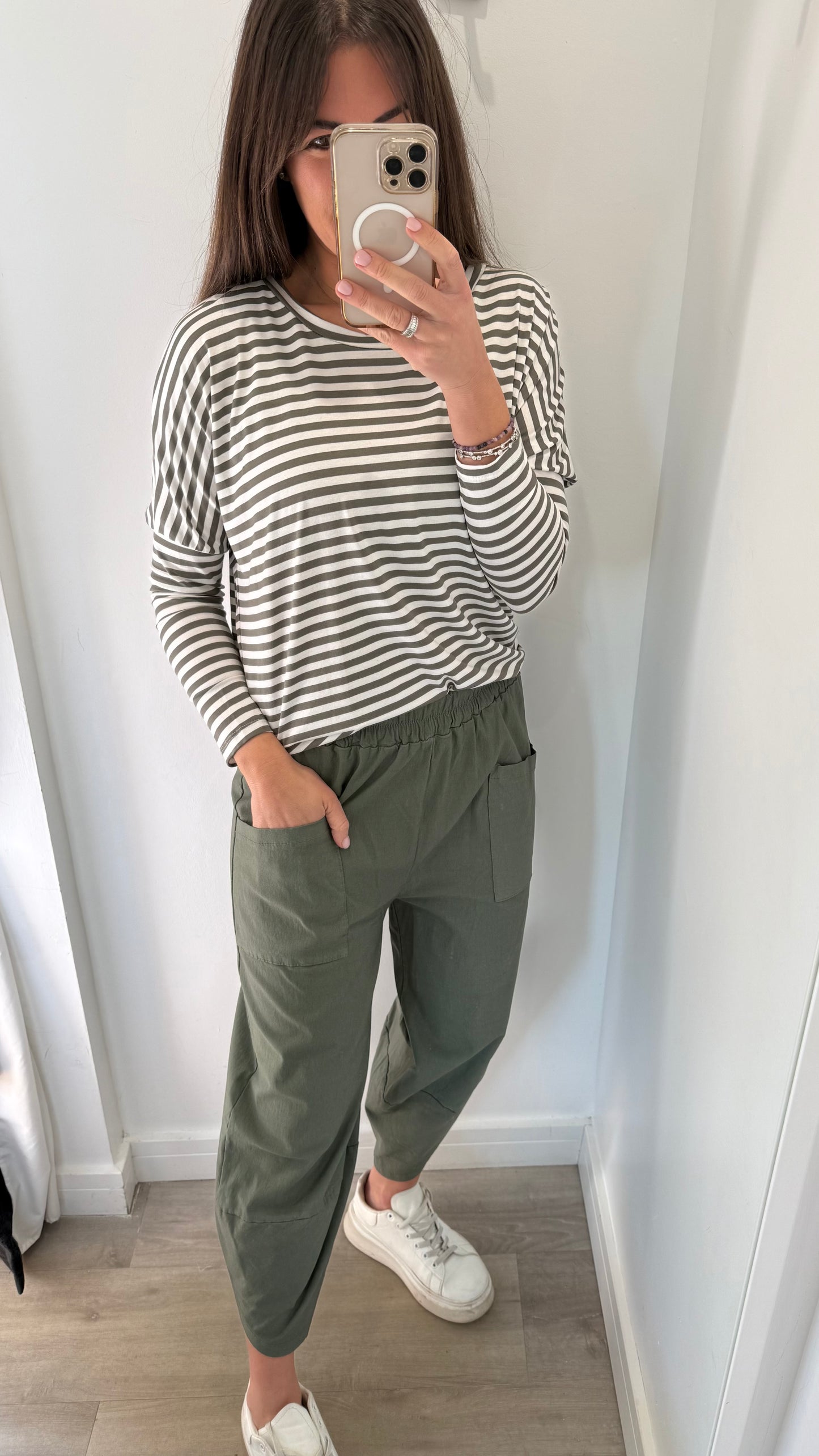 KHAKI & WHITE BRETON STRIPE BATWING TOP