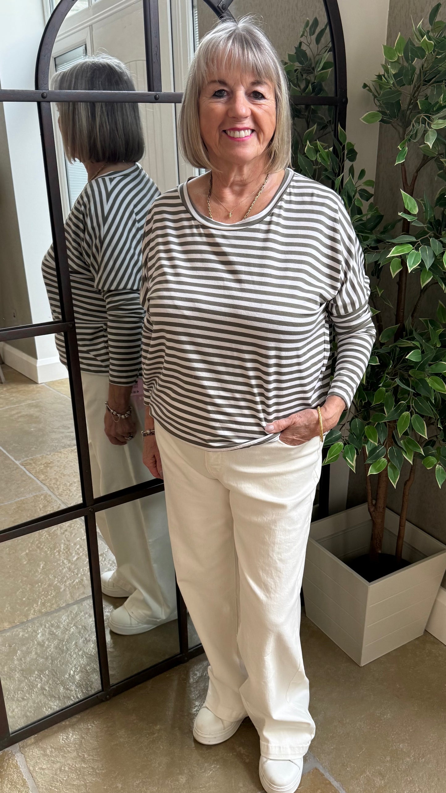 KHAKI & WHITE BRETON STRIPE BATWING TOP