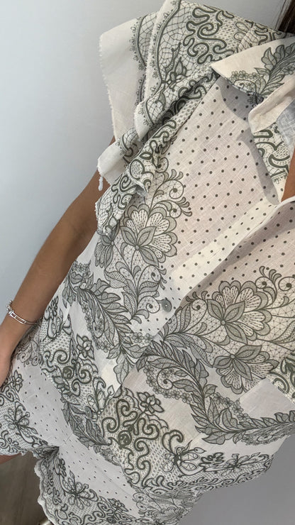 KHAKI & WHITE PAISLEY RUFFLE SHORT SET