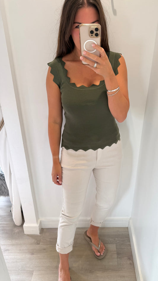 KHAKI SCALLOP VEST TOP